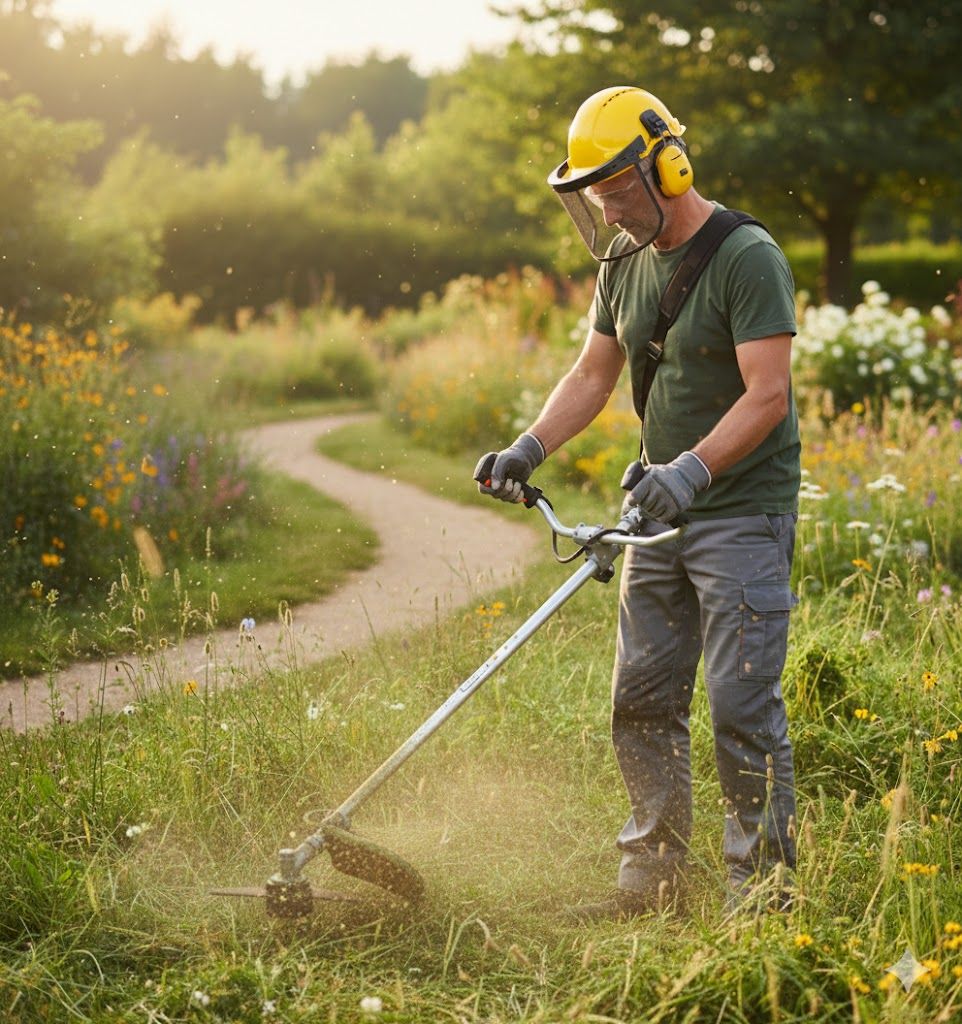 Nakayama PB2626: High performance and safety in action Operator using Nakayama PB2626 petrol brush cutter with safety helmet, earmuffs, and gloves in a garden setting.